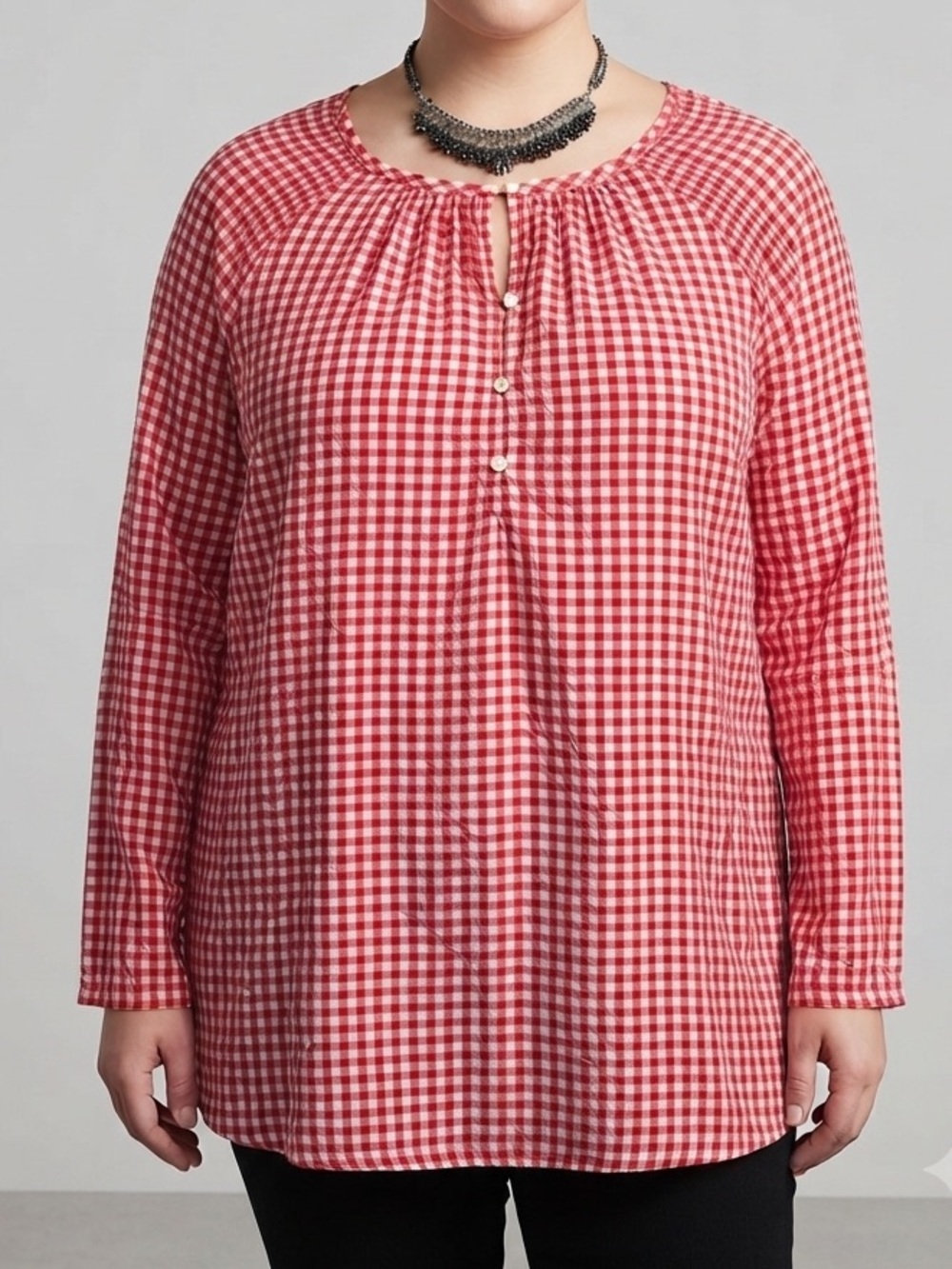 OLD NAVY Red & White Gingham Button Front Peasant Blouse size XL